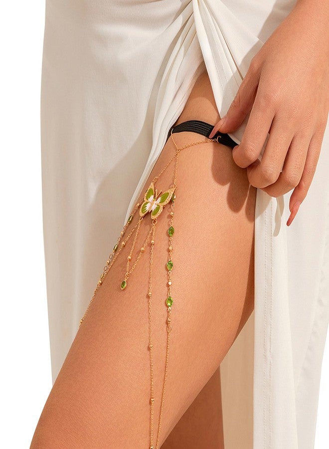 WFik Summer Crystal Thigh Chain Jewelry Elastic Adjustable Crystal Tassel Leg Chain Bikini Beach Festival Rave Rhinestone Butterfly Body Thigh Chain Jewelry for Women (Green) - Image 2